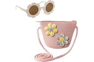 EPCDBBRT 1 Flower Straw Bag, 1 Children's Sunglasses, Girls' Crossbody Bag, Little Girl's Handbag, Woven Wrist Bag, Children's Straw Bag Pink
