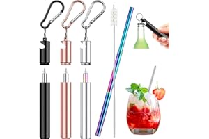 TRHILLSBRAD Zestaw 3 słomek ze stali nierdzewnej, wielokrotnego użytku, przenośne, teleskopowe metalowe słomki z funkcją korkociągu, przyjazne dla środowiska słomki ze stali nierdzewnej, ze szczotką do