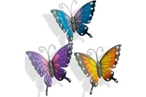GREEN JEM Butterflies - 3 Coloured Outdoor Xtra Large Metal Butterfly - Garden Wall Art Decorative