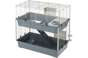Ferplast Cage à 2 étages pour Lapins Rabbit 100 Double, maisonnette pour Petits Animaux, clapier avec Accessoires Inclus, en métal Vernis Noir et en Plastique, 95 x 57 x h 93,5 cm