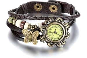 JewelryWe Montre Bracelet Cuir Weave Wrap Around Quartz Rétro Tressé Montre Papillon Dames Alliage Fantaisie Multi-Couleur
