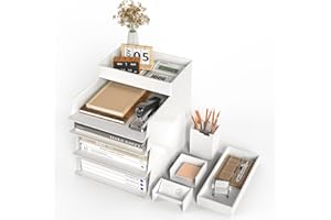 Otoomenz 5 Tier Plastics Desk Organiser Letter Tray, Stackable A4 Filing Trays, Office Desk File Rack, Tidy File Document Letter Paper Organiser with Pen Holder Business Card Sticky Note Organiser