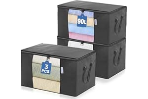 ACRALI HOME 90L Large Storage Bags with Zips- 3 Pack Foldable Clothes Storage Bag Organizer, Reinforced Handle and Transparent Window, Breathable Thick Fabric for Comforters, Blanket and Bedding- Grey