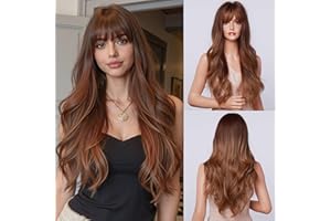 Esmee 24"Peluca sintética de onda natural larga Marrón Miel Ombre con flequillo, adecuada para fiestas de mujeres o para diario