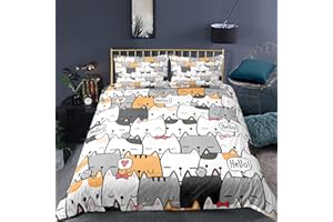 STICKER SUPERB. Juego de Cama Gato Animados 3D Negro Gris Rosa Gatito Funda Nórdica Estampado 3D Microfibra Niña Mujer Bedding Funda de Edredón y Funda de Almohada 50x75 cm (Amarillo, 150x210 cm,Cama 90 cm)