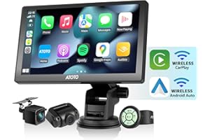 ATOTO P8 Caméra embarquée 1080P et entrée de caméra DVR arrière, Autoradio de Voiture Portable à écran QLED de 7'', CarPlay sans Fil et Android Auto sans Fil, Télécommande, WDR, Charge Rapide, P807PR