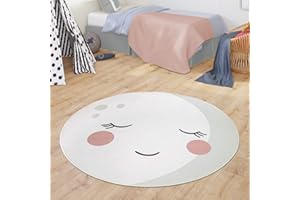 ‎TT HOME TT Home Teppich Kinderzimmer Runder Teppich Babymatte Jungs Mädchen Modernes Mond Design, Farbe:Creme, Größe:80 cm Rund