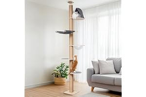 FUKUMARU Floor to Ceiling Cat Tree, 6 Level Adjustable Height Climbing Tower with Thickened Scratching Posts, Cat Activity Center with Transparent Capsule and Cozy Hammock