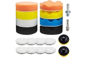 FINEASY Set di 20 Lucidatura Auto, 80mm Tamponi Lucidatura Auto con Spugne Lucidanti, Cuscinetti per Ceretta in Lana e Adattatore per Trapano per Lucidare, Ceretta, Auto Bellezza Pulizia