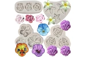 MYPRACS Juego de 4 moldes de silicona con diseño de rosas de plumeria, flores de peonía, pensamientos, decoración de pasteles, decoración de cupcakes, caramelos, arcilla polimérica, chocolate, pasta