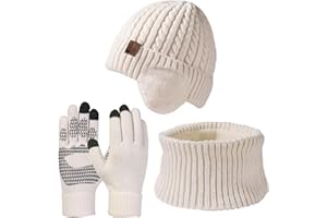 DECORIE 3 Pezzi Unisex Set in Maglia - Cappello Invernale Berretto con Copriorecchie e Guanti Touch Screen,Sciarpa Scaldacollo con Forro Lana per Uomo Donna