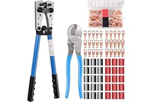 Kamtop Kit de Pinces à Sertir Outil de Sertissage de Cosse Électrique 6-50 mm² Pince à Sertir Réglable0-0 AWG Pince Coupe-Câble Multifonctionnel avec 30pcs Bornes et 30pcs Tubes thermorétractables