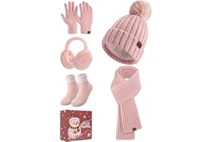 Xnova Hat and Scarf Set for Women Ladies 5Pcs, Winter Knitted Warm Beanie Hat Long Scarf Touch Screen Thermal Gloves Socks Plush Ear Warmers Sets Girls for Outdoors Ski with Gift Box