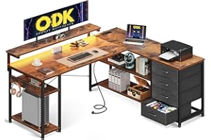 ODK Biurko z szufladami, dwustronne biurko narożne z 2 gniazdami wtykowymi i 2 portami ładowania USB, biurko w kształcie litery L z diodami LED, do domowego biura, brąz vintage, 135 x 110 cm
