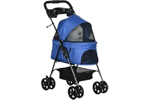 PawHut Dog Pram Dog Stroller Foldable Pet Pushchair with 4 Wheels, Safety Leashes, Cup Holder for Small Dogs, Blue