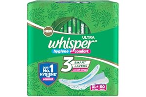 WHISPER ULTRA HYGIENE+COMFORT SANITARY PADS, 50 XL+ PADS, FOR HEAVY FLOW, LONG LASTING PROTECTION, LOCKS ODOUR & WETNESS, DRY