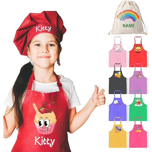 CWFUN - Set di grembiuli e cappelli da cuoco per bambini e ragazzi, con grembiuli regolabili, da cucina e da forno per bambini (5-13 anni), Poliestere, Nero , large