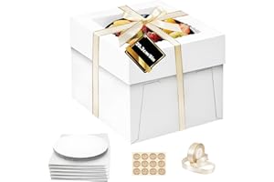 LYSHOOCE 5 sets de cajas de transporte para tartas con ventana de 20 × 20 × 20 cm, incluye 5 tablas para tartas, cinta y pegatinas para tartas de hasta 20 cm de diámetro