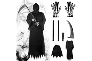 DAOUZL Disfraz de Sensenmann, disfraz de Halloween para hombre, juego de disfraz con máscara, guantes, guadaña, disfraz de Halloween para adultos, disfraz de Parca para Halloween, cosplay, carnaval