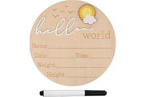 Gosknor Baby Announcement Sign, Wooden Hello World Newborn Sign Cute Birth Announcement Board Welcome Baby Name Plaque for Nursery Hospital Girl Boy Baby Shower Photo Props