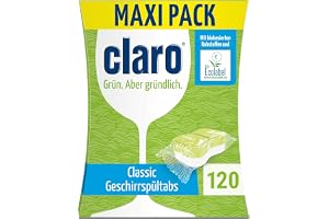 claro Classic miljömärkta diskmaskinstabletter, fosfatfria, 120 st | Veganska, utan klor eller palmolja, med vattenlöslig folie, EU Ecolabel och tillverkade i Österrike