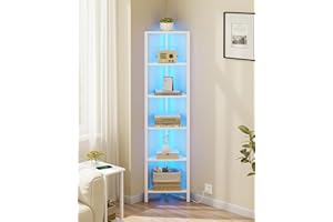 TUTOTAK Corner Bookshelf with LED Light, 6-Tier Corner Shelf for Small Space, Narrow Display Corner Shelf Stand with Storage Rack, for Living Room, bedroom, Pure White V1BS05BW006LEU