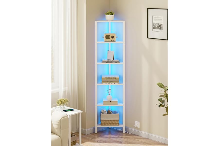 TUTOTAK Corner Bookshelf with LED Light, 6-Tier Corner Shelf for Small Space, Narrow Display Corner Shelf Stand with Storage Rack, for Living Room, bedroom, Pure White V1BS05BW006LEU