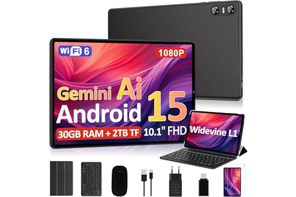 2026 Tablet 10 Pulgadas Android 15, 30GB RAM + 2TB TF, Gemini AI, Octa-Core, 5G WiFi 6, Widevine L1, GMS, GPS, BT 5.0, 6000mAh, 5+8MP, 3.5mm Audio, FHD Tablet con Teclado + Ratón + Funda, Negro
