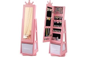 GYMAX Kids Jewelry Cabinet, Freestanding Girls Jewelry Organizer with Full-Length Mirror, Foldable Drawer and Anti-toppling System, 360°Swivel Children Jewelry Armoire for Bedroom