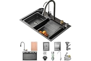 OMGMTSTORE Fregadero de cocina, 80 x 50 cm, de acero inoxidable, negro, gris, 1 pila, gran espacio de trabajo, con grifo de cocina, 2 cestas de escurrido, tabla de cortar, dispensador de jabón, enjuague
