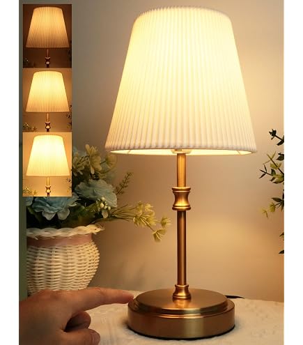 Messing Tischlampe Mit Touch-Dimmer – 36 Cm Hoch, LED, Inkl. Plissee-Schirm (antique Brass)