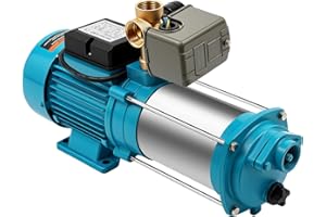 TESUGN Kreiselpumpe 1300W Edelstahl Kreiselpumpe Gartenpumpe Hauswasserwerk Pumpensteuerung Druckschalter 9.8 bar, 6000 L/H Gartenpumpe Druckschalter Pumpensteuerung 5-Stage Mit Manometer