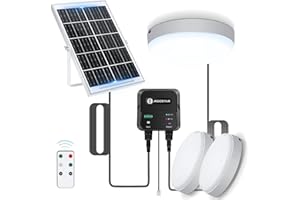 Aigostar Luz Solar Interior Exterior 70W Plafón LED Techo Solar con Caja de Almacenamiento de Energía, Mando a Distancia, IP65 Impermeable, Cable de 8m, Ajustable 6500K, 2pcs