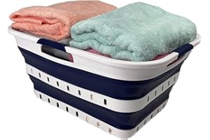 SAMMART Cesto portabiancheria pieghevole in plastica, 42 l, contenitore pieghevole pop up, cesto salvaspazio (1, bianco/blu stellato)