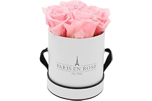 PARIS EN ROSE Rosenbox | mit 4 rosa Infinity Rosen Größe XL | konservierte ewige Rose | runde Weiß-Schwarze Box |3 Jahre haltbar
