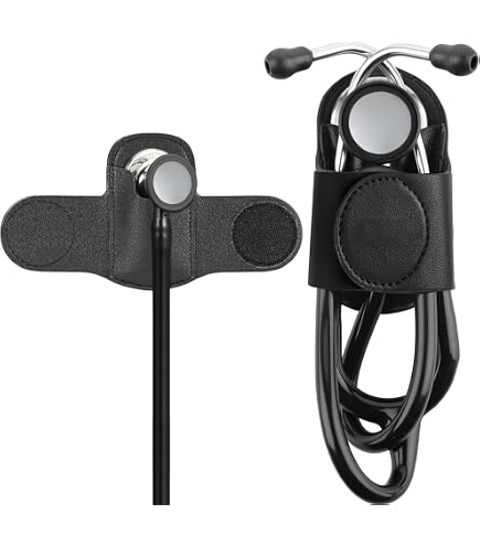 Produktbild von Beautyflier Stethoskophalter Aus PU-Leder Mit Clip – Kompatibel Mit Littmann, ADC, MDF, Adscope, Inkl. Stift- Und Scherenhalter (Schwarz)