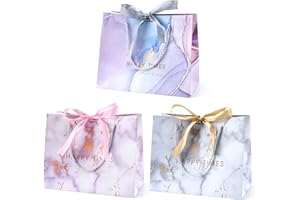 BBLIKE Torebki na prezenty, 3 sztuki, papierowe torebki z wstążkami, 25 x 20 x 12,5 cm, torebki na prezenty z uchwytem, torebki na imprezę, torebki na dno, na urodziny, wesele, imprezę, Boże Narodzenie (marmur)