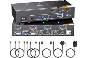 YOUTINGHDAV KVM Switch 3 PC 2 monitor USB-C, USB 3.0 Switch KVM Dual Monitor HDMI per 2 computer portatili, 1 desktop, 4 dispositivi USB 3.0, tastiera, mouse, 85 W -PD, 4K @ 60