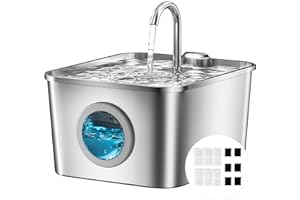 Fontanna dla Kota 2,6 L ze Stali Nierdzewnej, Cicha Automatyczna Fontanna dla Zwierząt z Czterowarstwowy Filtrem, 6 Filtry i 6 Gąbki, Latwa w Czyszczeniu, Idealna Kotów i Psów