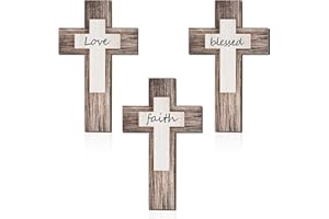 YALIKOP 3 Pieces Cross Wall Decor Faith Love Blessed Wooden Decoration Rustic Vintage Cross Wall Art Religious Love Hanging Sign Inspirational Cross Decor Farmhouse Home Hanging Decor (Wood)