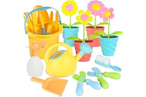 Joellfuner Herramientas de jardinería para niños, juguetes de jardín, incluye regadera, rastrillo, pala, flores de juguete, juguetes de playa para niños, juego de herramientas de jardín