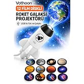 12 Film Diskli Roket Galaksi Projekt&ouml;r&uuml; USB Tak &Ccedil;alıştır Uzay ve Gezegen Projeksiyon Gece Lambası