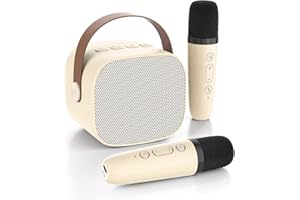 GOHAPHE Karaoke Machine for Kids, Rechargeable Mini Karaoke Machine with 2 Microphones and Voice Changing Effects, Bluetooth Karaoke Speaker for Party, Home, KTV, Travel (Beige)