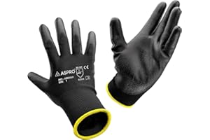 ASPRO Arbeitshandschuhe 10 Paar Größe 7 (S)- Gartenhandschuhe-Schwarze Nylon-Handschuhe mit PU-Beschichtung für Bauarbeiter, Gärtner, Mechaniker, Bauarbeiter, Lagerarbeiter etc.