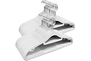 ABHENG 50 Stück Kleiderbügel, Rutschfester Kunststoffbügel, Platzsparender Bügel, 360° Drehbarer Haken, Dicke 0,5 cm, 42 cm lang, für Mäntel, Kleider, Hemden, Weiß + Silber, APY0350W