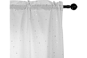 GIRASOLE HOME® Coppia Tende Semi Oscuranti Fantasia Stelline Argentate Tenda per Soggiorno Camera Cameretta Cucina e Interni 2 Pannelli con Tasca (Bianco, 70x148cm)