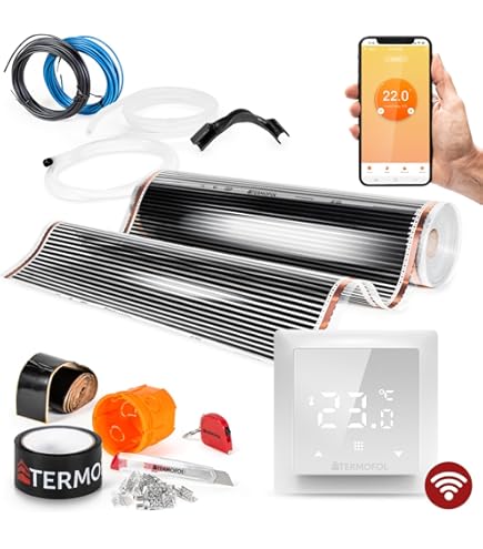 Termofol Set vloerverwarmingsmat met thermostaat - elektrische vloerverwarming voor badkamer, woonkamer en keuken - verwarmingsfolie met verwarmingskracht 150W/m{^>22