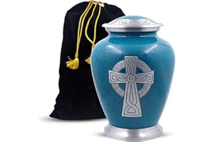 Hind Handicrafts Celtic Cross Engraved Aluminium Cremation Urn for Human Ashes Adult - Handcrafted Funeral Urn for Ashes - Large - Bag Included (7'' x 7'' x 10''- 200 lbs or 91 kg, Granite Finish)