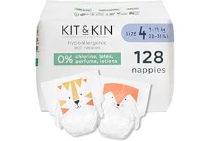 Kit & Kin Premium Eco Baby Nappies Size 4 | 9-14 kgs / 20-31 lbs | Pack of 128 Nappies | Plant-Based & Hypoallergenic | Superior up to 12 Hour Leak Protection | Vegan & Cruelty