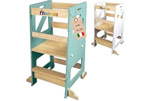 MAMAMI® Torre Montessoriana per Bambini, Torre di Apprendimento con Altezza Regolabile, Anti-Ribaltamento su tutti i lati, Antiscivolo, Resistente in Legno di Pino, 48x45x90 cm (Verde/Legno naturale)